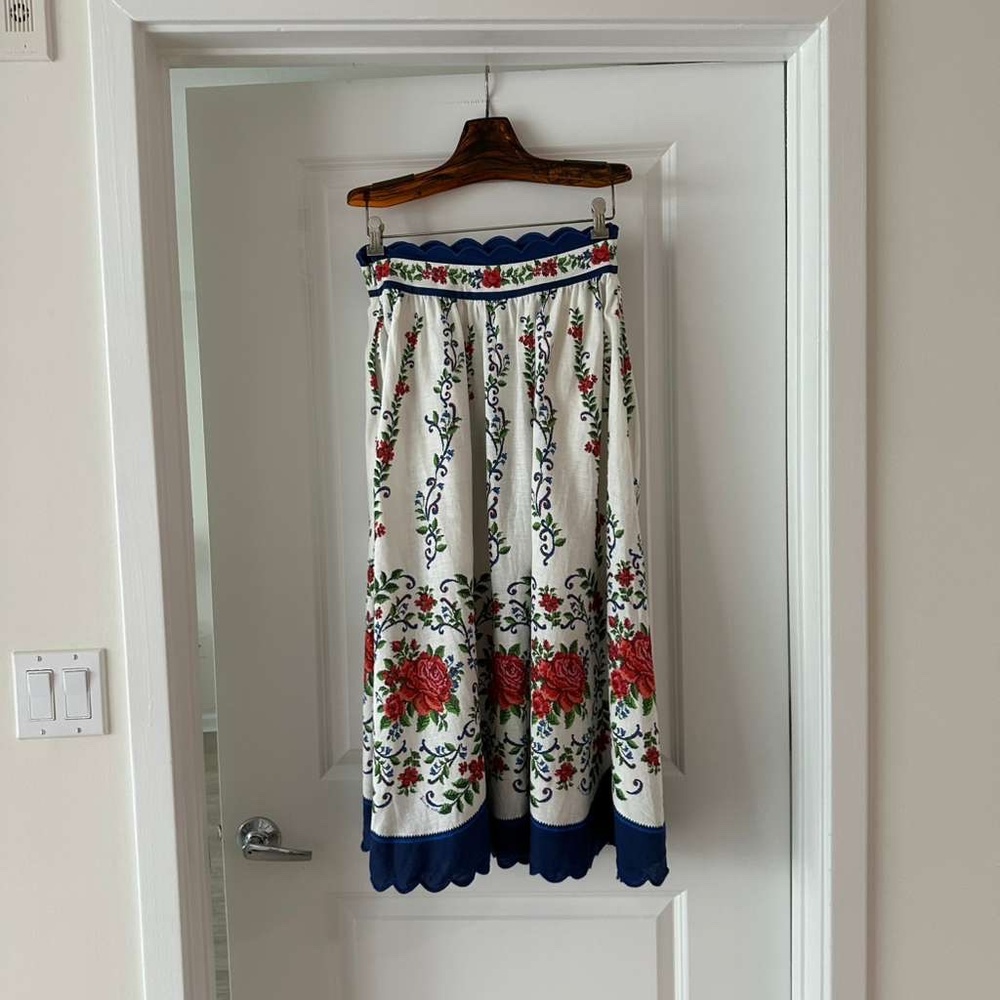 FARM Rio Cream Midi Skirt with Red Floral & Blue Trim - Picture 2 of 7